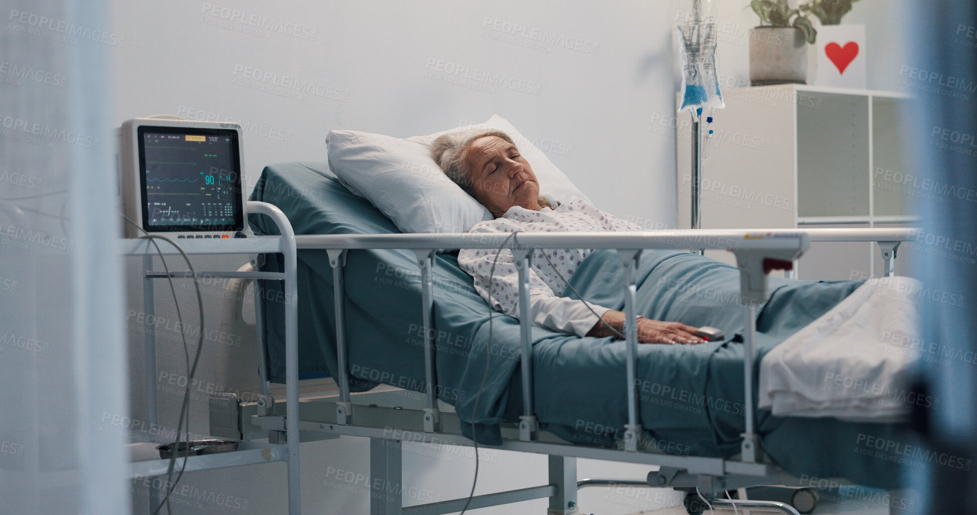 Buy stock photo Hospital, sleeping and senior woman in bed for IV drip, healing or surgery recovery with illness. Healthcare, relax and sick elderly female patient with liquid medication in emergency room at clinic.