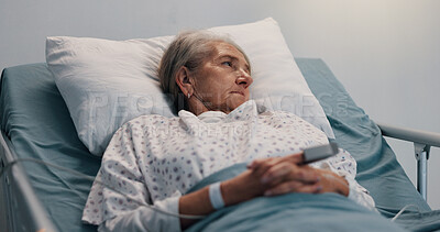 Buy stock photo Healthcare, recovery and thinking with old woman in hospital bed for rest from operation or surgery. Idea, insurance and tired with senior patient in medical clinic for rehabilitation from accident