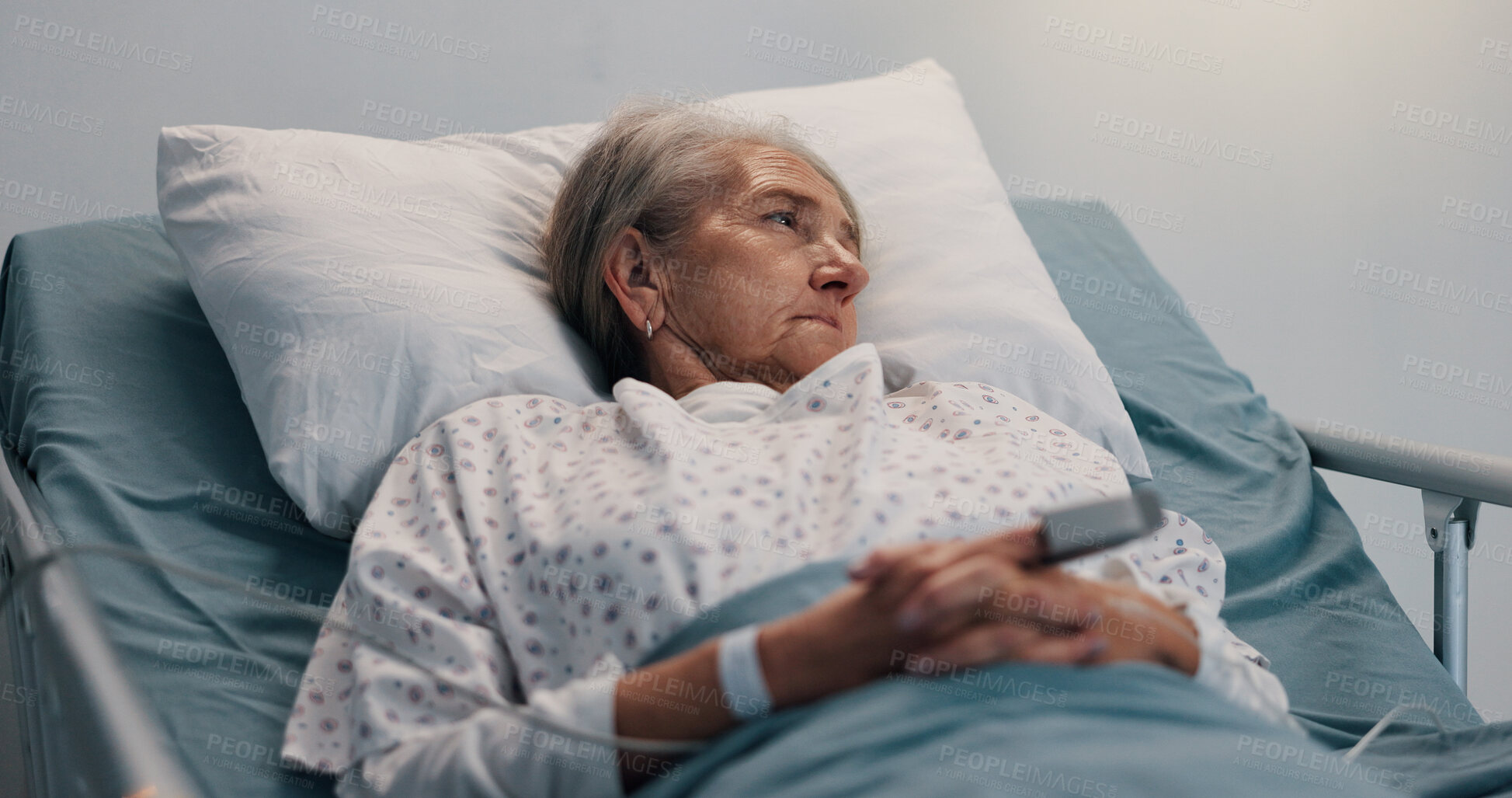 Buy stock photo Healthcare, recovery and thinking with old woman in hospital bed for rest from operation or surgery. Idea, insurance and tired with senior patient in medical clinic for rehabilitation from accident