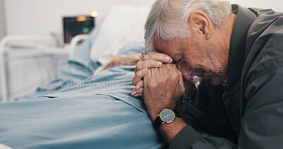 Buy stock photo Sad, holding hands and healthcare with old couple in hospital for ICU recovery, loss and grief. Medical, crying and fear with senior man and patient in clinic for treatment, diagnosis or worry