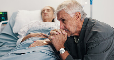 Buy stock photo Elderly couple, sick and sad man with stress by hospital bed, cancer diagnosis and healthcare. Terminal illness, woman and clinic visitor with patient for hope, thinking and prayer for recovery