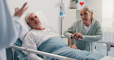 Buy stock photo Senior couple, doctor and listen by hospital bed with report, explain and recovery in retirement. Elderly woman, medical consulting and patient for advice, attention and results for healing at clinic