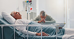 Senior woman, man and praying by hospital bed for faith, love or hope for healing in retirement. Elderly people, couple and religion for wellness, care and visit patient for rehabilitation at clinic
