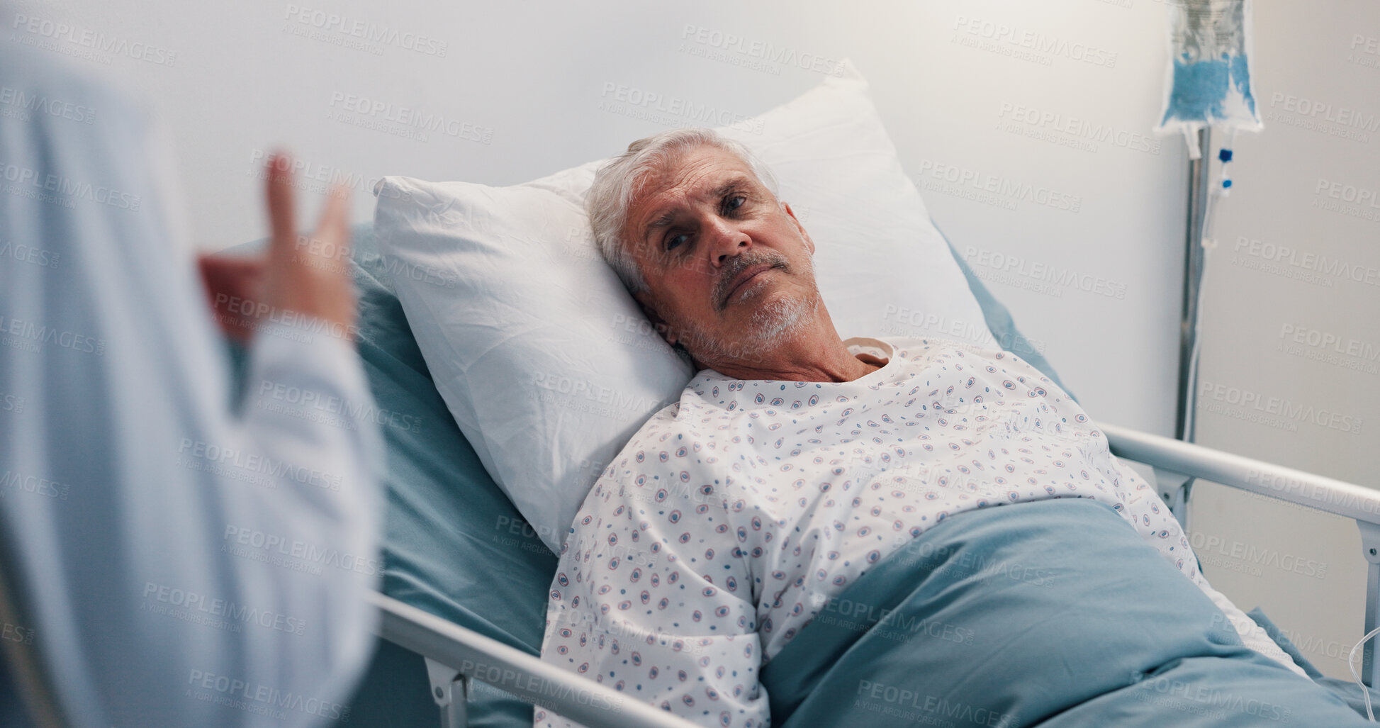 Buy stock photo Doctor, consulting and senior man in hospital bed for advice, feedback or healthcare diagnosis. Conversation, medical update and patient listening to medicine professional in clinic for recovery