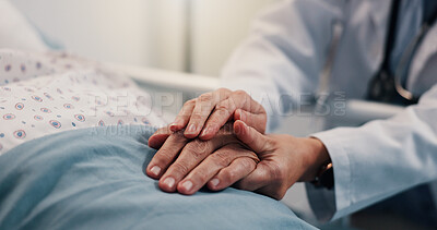 Buy stock photo Holding hands, healthcare and patient in hospital, doctor and compassion with empathy. Closeup, sick and medical professional with person, sympathy and wellness with diagnosis, hope and kindness