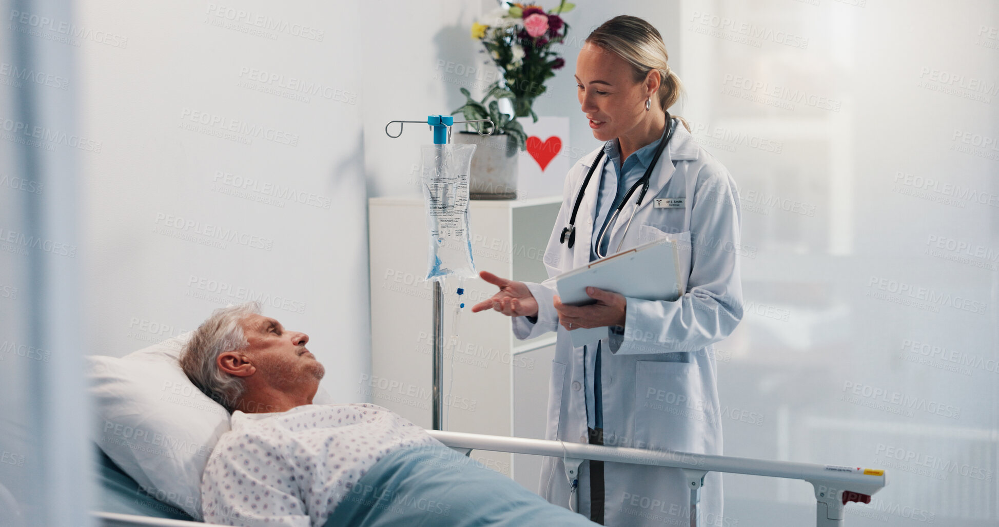 Buy stock photo Elderly man, doctor and talk by hospital bed for report, folder and recovery for healing in retirement. Senior patient, medical care and illness for advice, cardiology or info with smile at clinic