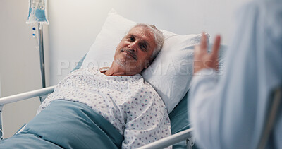 Buy stock photo Hospital bed, consultation and doctor with senior man for positive feedback on surgery treatment. Healthcare, relax and medical worker with elderly male patient for recovery advice in clinic.