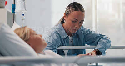 Buy stock photo Healthcare, mother and sad with daughter in hospital bed for surgery concern, fear or worry. Holding hands, love or stress with scared single parent and girl child in clinic for medical recovery