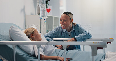 Buy stock photo Bed, medical and mother with daughter in hospital for recovery or rest from surgery success. Healthcare, love or trust with single parent woman and girl child in clinic for operation or procedure