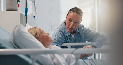 Buy stock photo Healthcare, holding hands and mother with child in hospital bed for recovery from surgery. Concern, paediatrics or worry with single parent woman and girl in clinic for medical procedure stress