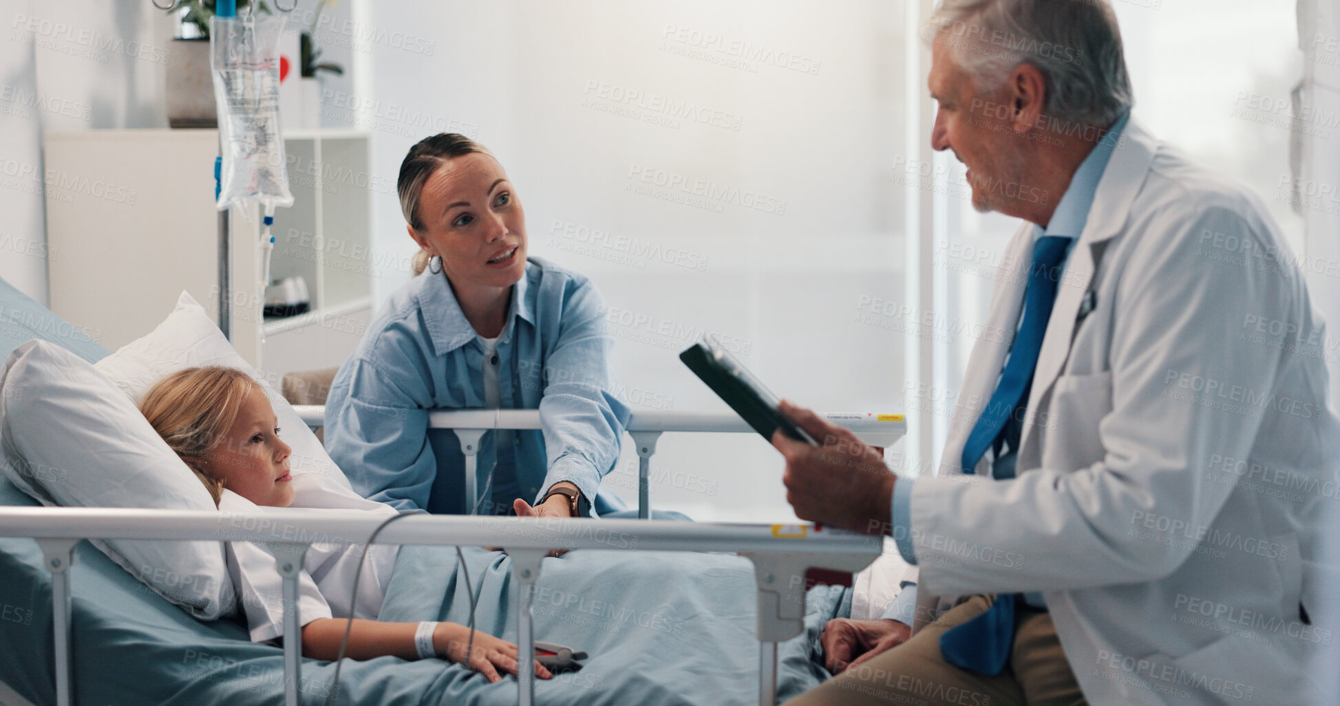 Buy stock photo Doctor with tablet, mother and daughter in hospital bed for consulting or recovery from surgery. App, healthcare or medical with single parent woman, surgeon and girl child in clinic for results