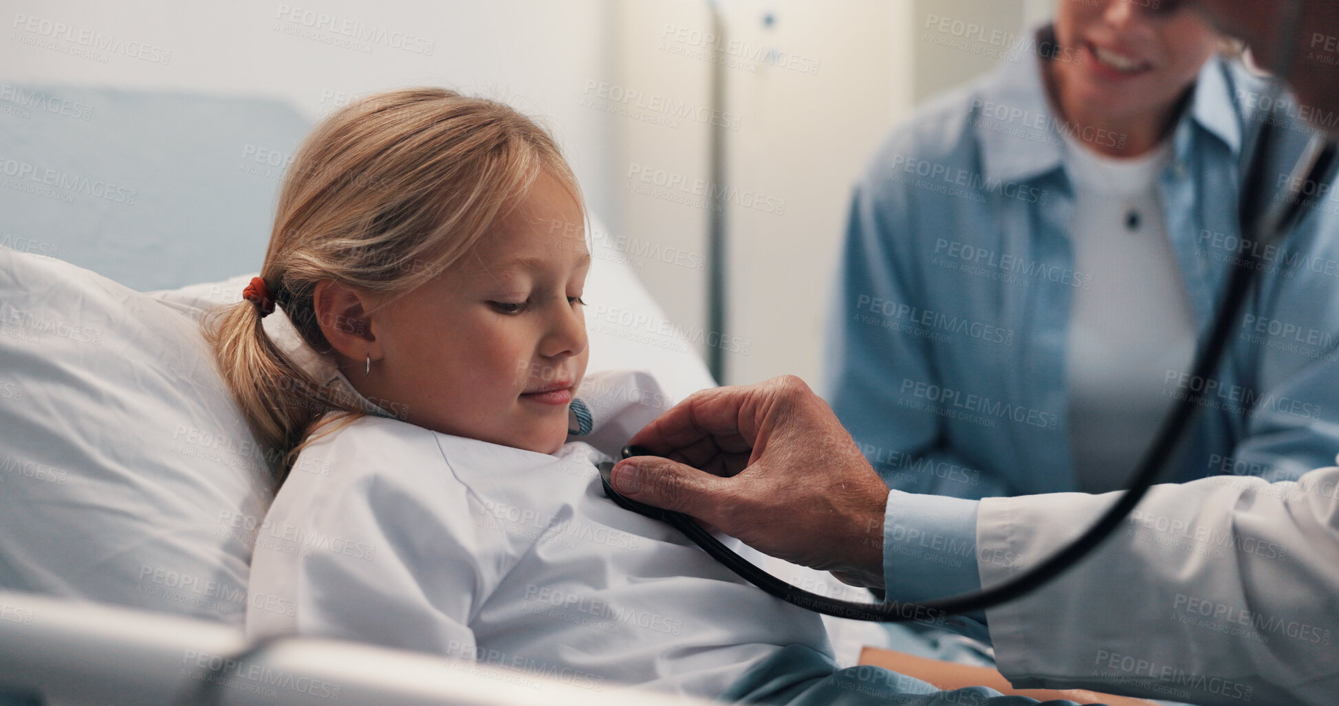 Buy stock photo Doctor, child or stethoscope on hospital bed for checkup, visit or examination at healthcare clinic. Girl, kid and medical professional checking patient with tool for heart beat, cardiology or test