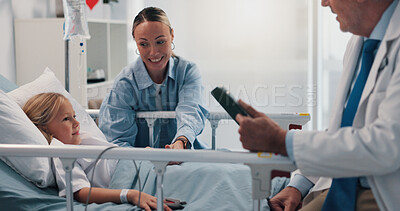 Buy stock photo Doctor, healthcare or tablet with mother and daughter in hospital bed for recovery from surgery. App, smile or trust with happy single parent, girl child and surgeon in clinic for medical consulting