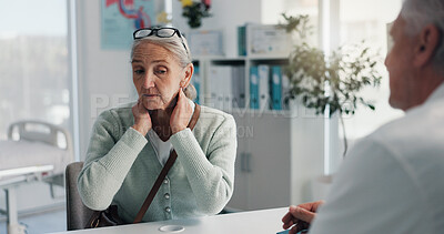 Buy stock photo Doctor, woman and consultation for neck pain, sore throat or explain cold symptoms in hospital. Patient, senior and talking to medical professional for help with diagnosis, tonsillitis and healthcare