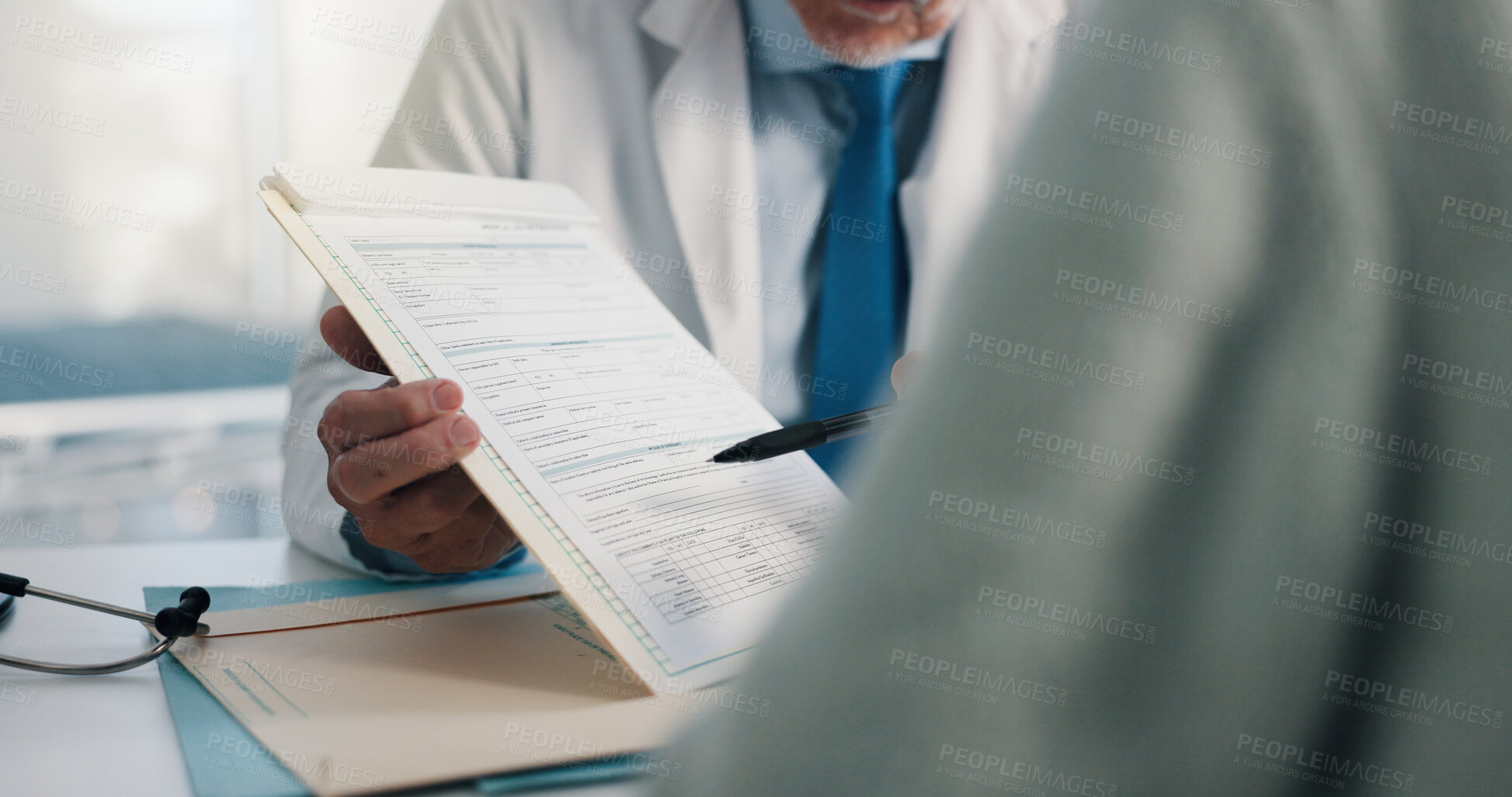Buy stock photo Doctor, person and hands with document for medical aid, life insurance or application in clinic. People, healthcare employee and clipboard with form, survey or paperwork for registration or service
