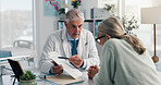 Doctor, man and woman with document for healthcare, life insurance or application in clinic. People, medical aid employee and clipboard with form, survey or paperwork for registration or service
