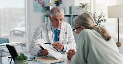 Buy stock photo Doctor, man and woman with document for healthcare, life insurance or application in clinic. People, medical aid employee and clipboard with form, survey or paperwork for registration or service