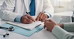 Doctor, hands and writing with paperwork for healthcare, life insurance or application in clinic. People, medical aid employee and clipboard with form, survey or document for registration or service