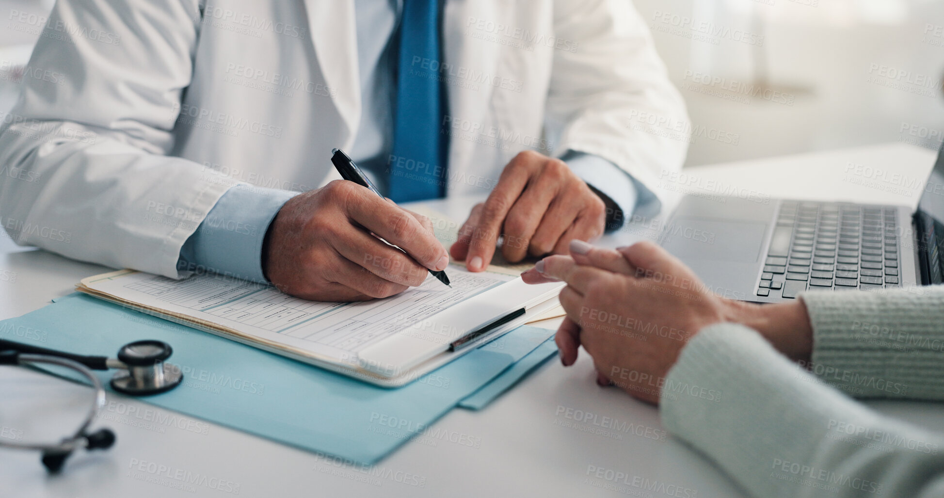 Buy stock photo Doctor, hands and writing with paperwork for patient, life insurance or application in clinic. People, medical aid employee and clipboard with form, survey or document for registration or service