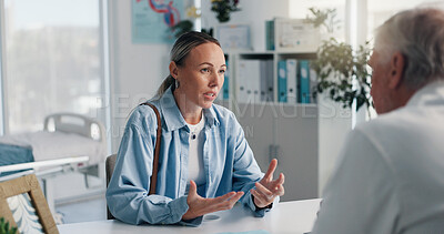 Buy stock photo Woman, doctor and discussion in clinic for medical services, consultation or opinion. People, symptoms and patient in conversation for appointment, checkup and healthcare with treatment advice