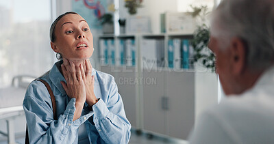 Buy stock photo Doctor, woman and consultation for sore throat, pain and explain cold symptoms in hospital. Patient, mature and talking to medical professional for help with diagnosis, virus infection and healthcare