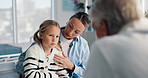 Woman, doctor and child in clinic for medical services, consultation or opinion. People, girl and pediatric patient in conversation for appointment, checkup and healthcare with treatment advice