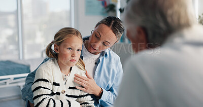 Buy stock photo Woman, doctor and child in clinic for medical services, consultation or opinion. People, girl and pediatric patient in conversation for appointment, checkup and healthcare with treatment advice
