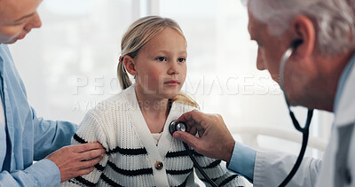 Buy stock photo Clinic, stethoscope and doctor with child for consulting, medical service and help in office. Healthcare, pediatrician and man with mom and girl for diagnosis, listening to breath and wellness