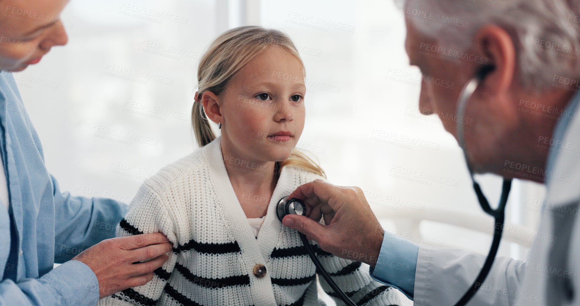 Buy stock photo Clinic, stethoscope and doctor with child for consulting, medical service and help in office. Healthcare, pediatrician and man with mom and girl for diagnosis, listening to breath and wellness