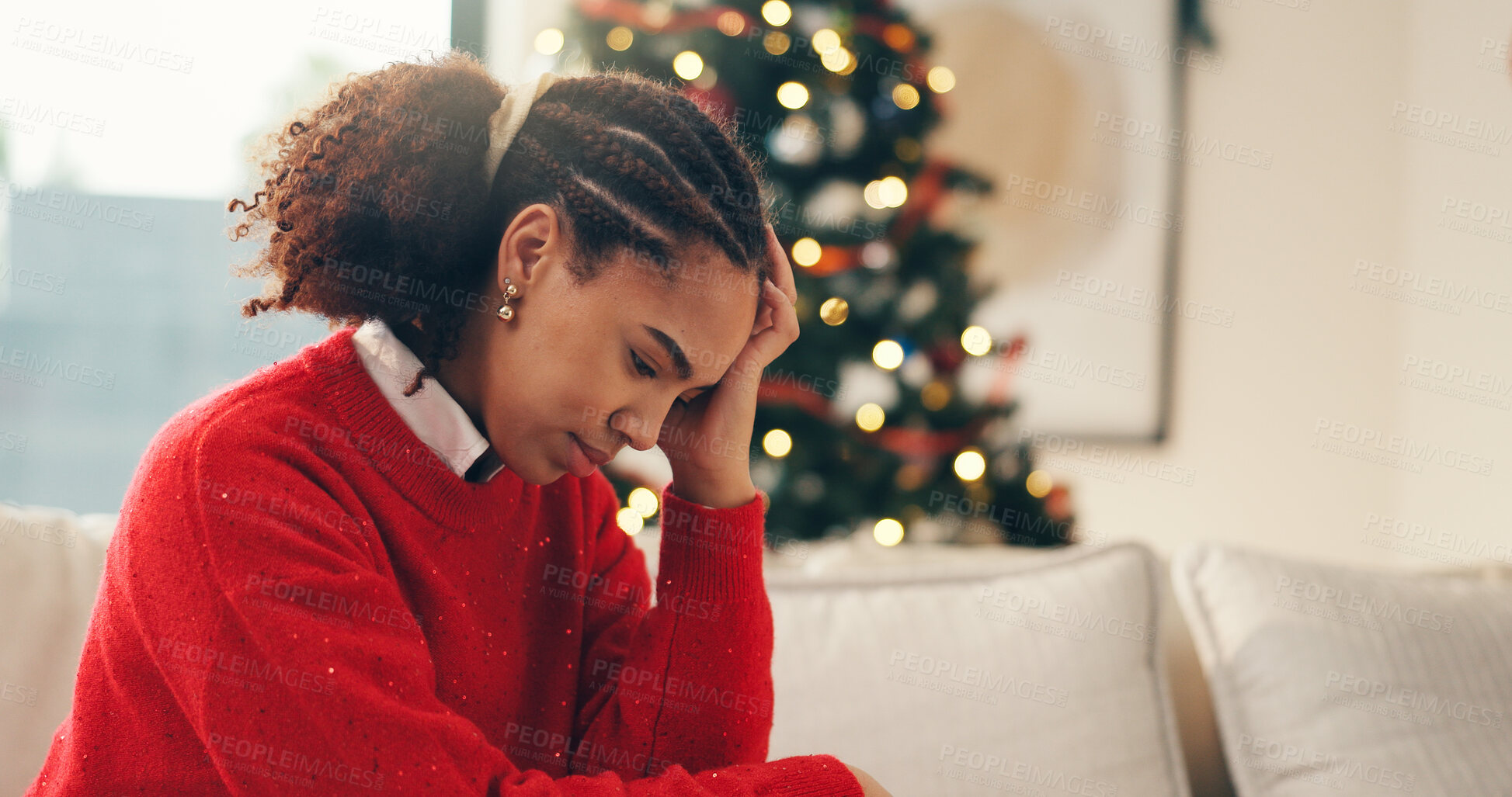 Buy stock photo Sad, sofa and woman in home on Christmas with crying for depression, loneliness or hopeless. Mental health, holidays and person with tears and emotions for alone on xmas in living room at apartment.