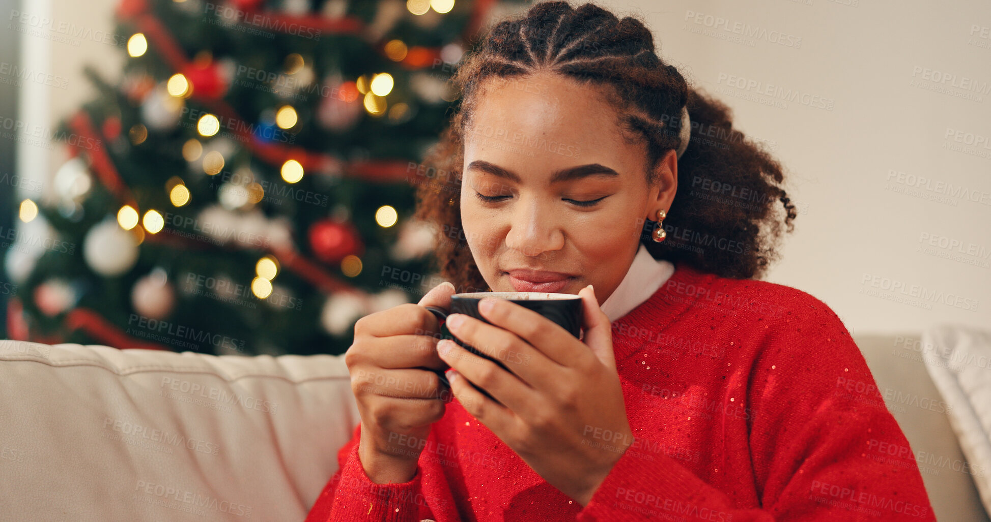 Buy stock photo Relax, coffee and woman on sofa for Christmas in home smelling aroma of latte in living room. Smile, peace and female person drinking eggnog for xmas eve with calm festive holiday in apartment.