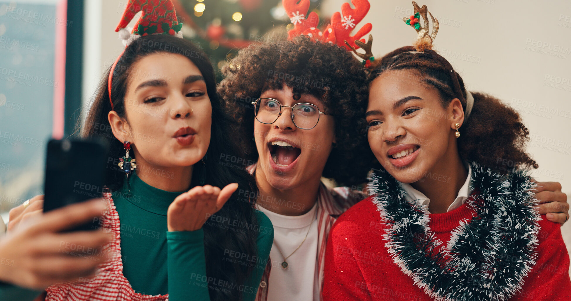 Buy stock photo Christmas, selfie and social media with friends in living room of home for celebration together. December, holidays and season with group of people in apartment for memory, photo or profile picture