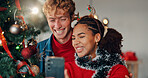 Happy couple, home and selfie with christmas tree for picture or December memory together. Man, woman or lovers with smile, photography or capture moment for festive holiday or new year celebration
