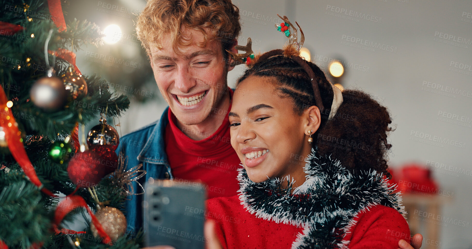 Buy stock photo Happy couple, home and selfie with Christmas tree for picture or December memory together. Man, woman or lovers with smile, photography or capture moment for festive holiday or new year celebration