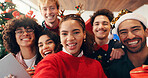 Christmas, face and selfie with friends in home living room for celebration together. December, holidays and social media with group of happy people in apartment for memory, photo or profile picture