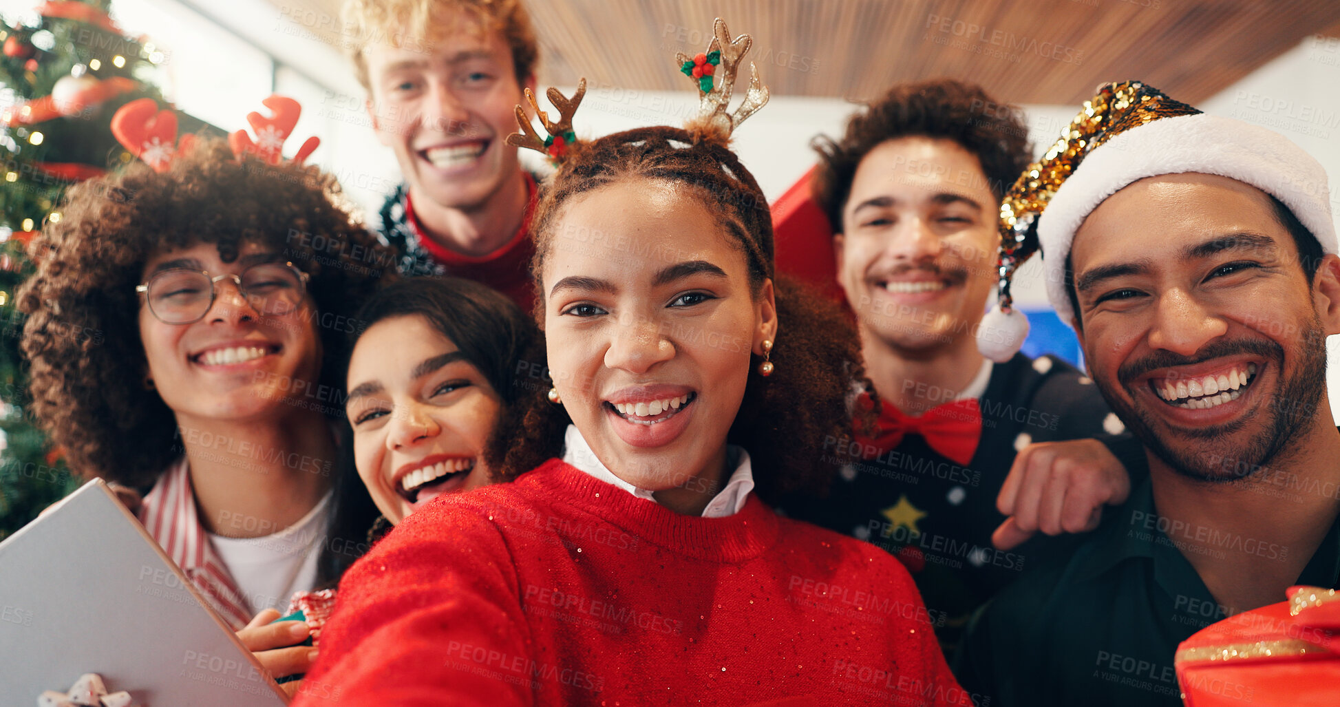 Buy stock photo Christmas, face or selfie with friends in home living room for celebration together. December, holiday or social media with group POV of happy people in apartment for memory, photo or profile picture