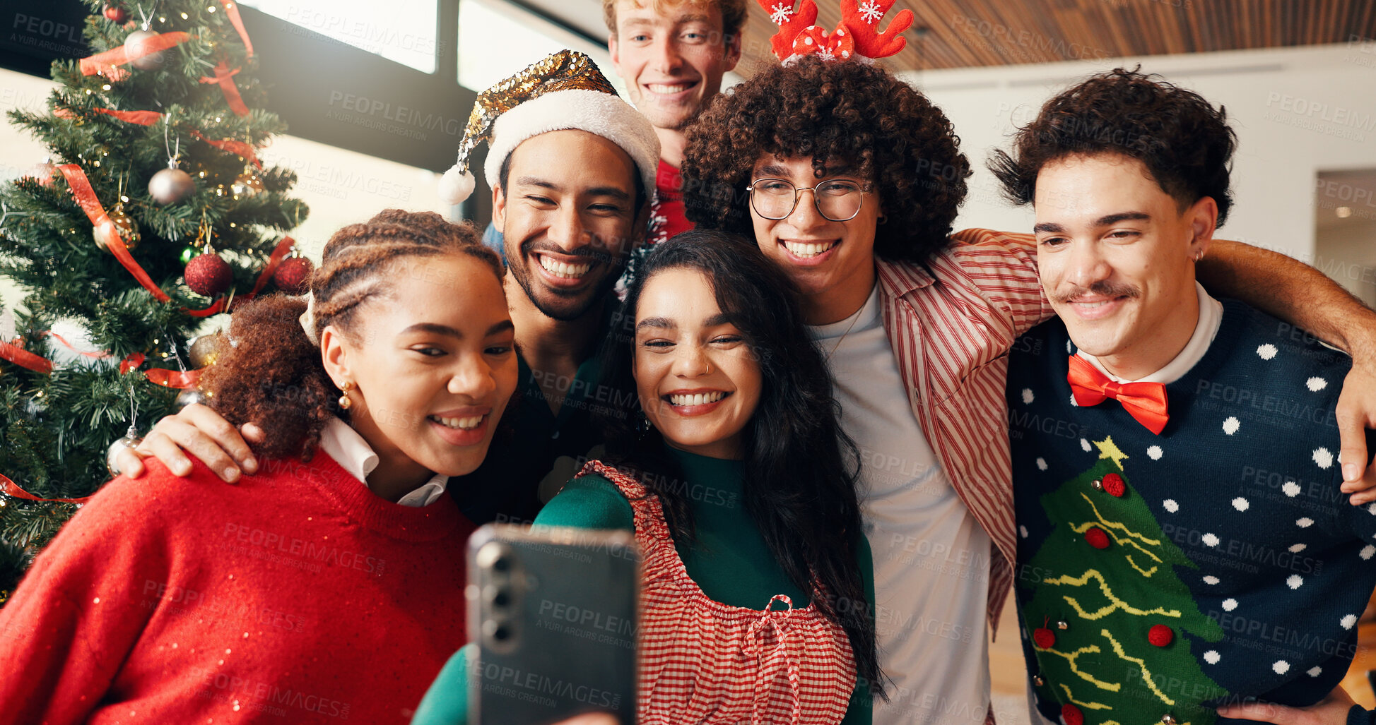 Buy stock photo Christmas, selfie and social media with happy friends in living room of home for celebration together. December, holidays and smile with group of people in apartment for memories or profile picture