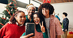 Christmas, peace sign and selfie with friends in living room of home for celebration together. December, emoji and holiday with group of people in apartment for memory, photograph or profile picture
