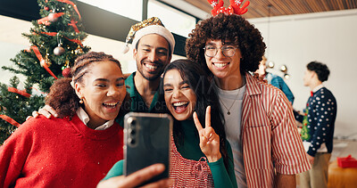 Buy stock photo Christmas, peace sign and selfie with friends in living room of home for celebration together. December, emoji and holiday with group of people in apartment for memory, photograph or profile picture