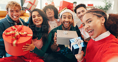 Buy stock photo Christmas, present and selfie with friends in living room of home for celebration together. December, gift and holiday season with group of people in apartment for memory, photo or profile picture