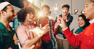 Buy stock photo Happy people, sparklers and christmas with fireworks for new year or festive celebration in home. Excited, group or friends with smile or sparks in joy for party, event or fun get together at house