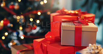 Buy stock photo Christmas, boxes and gifts in home for celebration, party or event with festive tradition. Decorations, packages and cardboard presents with ribbon by tree for xmas with holiday season in house.