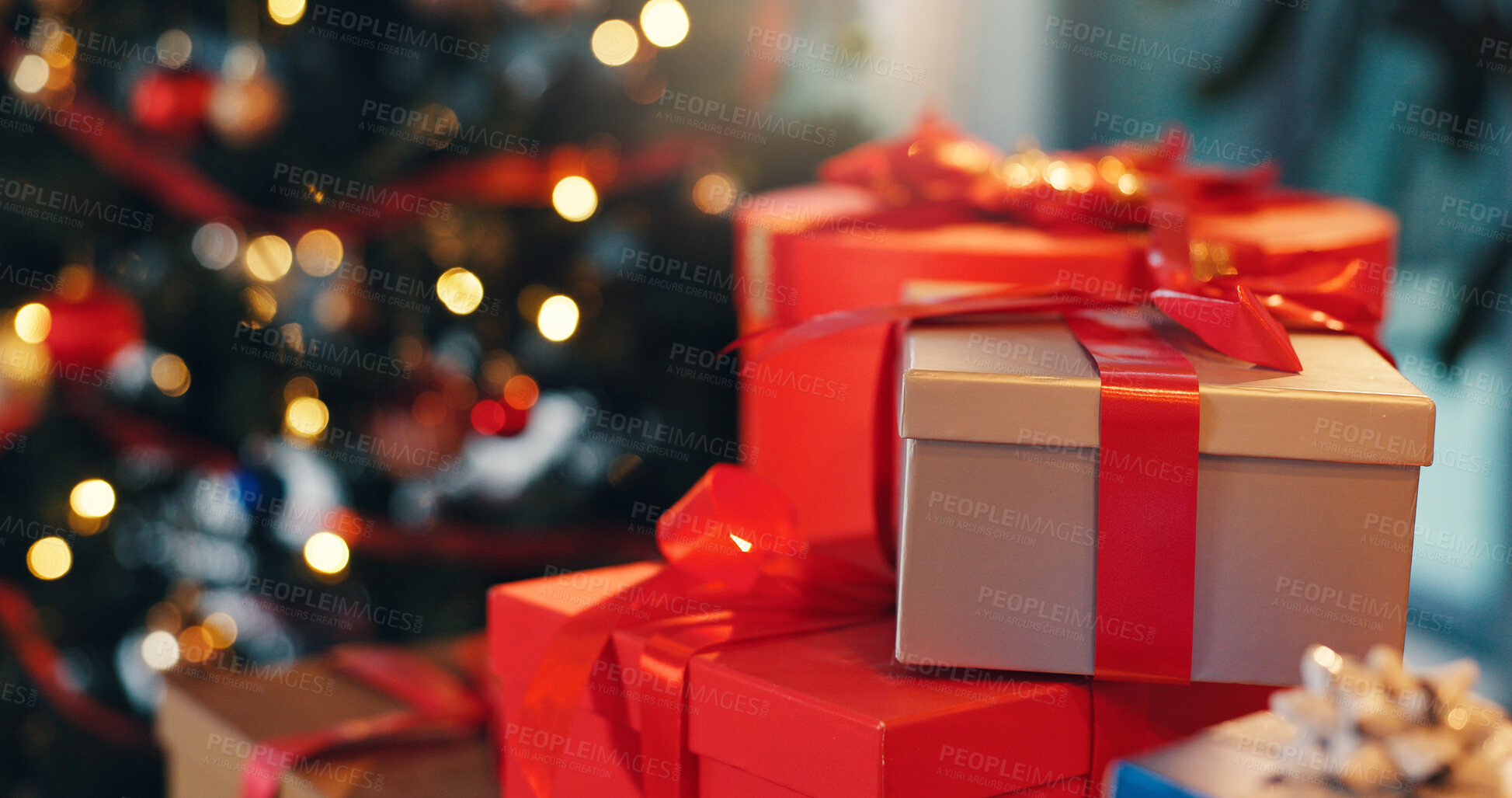 Buy stock photo Christmas, boxes and gifts in home for celebration, party or event with festive tradition. Decorations, packages and cardboard presents with ribbon by tree for xmas with holiday season in house.