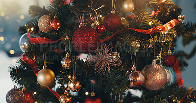 Buy stock photo Tree, ornaments and decoration for Christmas holiday, tradition and festive celebration. Closeup, glitter ball and bauble on Xmas event with lights for creativity, aesthetic and bokeh with sparkle