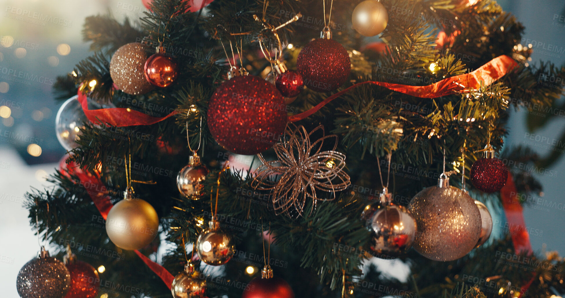 Buy stock photo Tree, ornaments and decoration for Christmas holiday, tradition and festive celebration. Closeup, glitter ball and bauble on Xmas event with lights for creativity, aesthetic and bokeh with sparkle