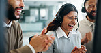 Applause, computer and success with people in call center for lead generation or telemarketing. Goals, headset and target with sales team clapping in office together for celebration or milestone