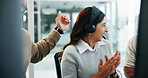 Applause, computer and headset with people in call center for lead generation or telemarketing. Achievement, goals and target with sales team clapping in office together for celebration or milestone