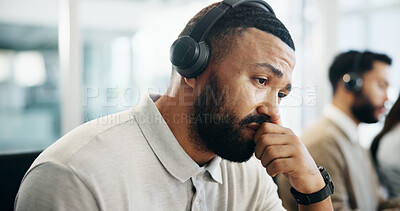 Buy stock photo Burnout, headache and thinking with man in call center for help or solution as virtual assistant. Anxiety, headset and stress with agent in coworking office for customer service or online support