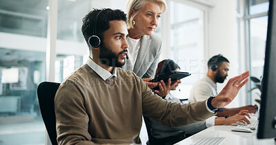 Buy stock photo Contact center, mentor and training on computer for help with call monitoring specialist. Intern, group and coaching person for customer service, quality assurance and crm compliance with question