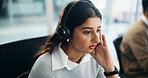 Call center, serious and woman listening with stress for overdue payment, credit mistake and bored. Headset, unhappy agent and customer error for debt collection or financial difficulty with loan
